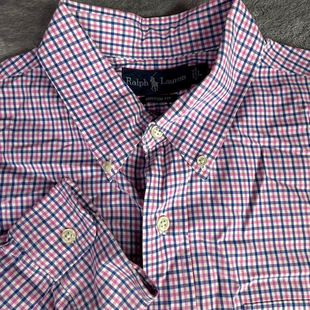 Ralph Lauren shirt Men L Pink Blue Gingham Custom Fit Cotton button down plaid